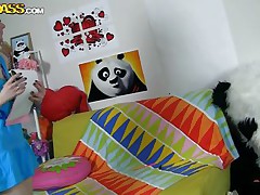 The horny Panda found this time a girl obsessed with him! This cutie has a poster with panda on the wall and draws a picture of him now. She's so excited and happy that finally panda visited her but does she knows what his intentions are? Well she maybe a bit innocent and stupid but that's how panda likes it!